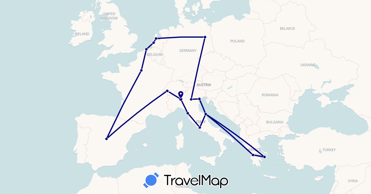 TravelMap itinerary: driving in Belgium, Switzerland, Germany, Spain, France, Greece, Italy, Netherlands (Europe)